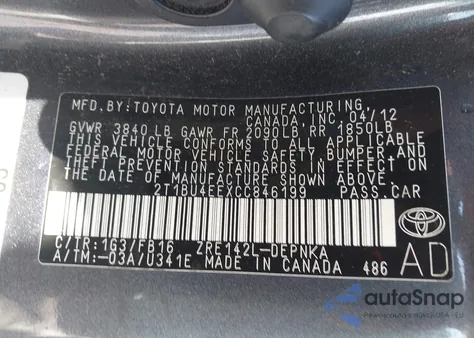 2012 Toyota Corolla Le из США, поврежденный, VIN 2T1BU4EEXCC846199